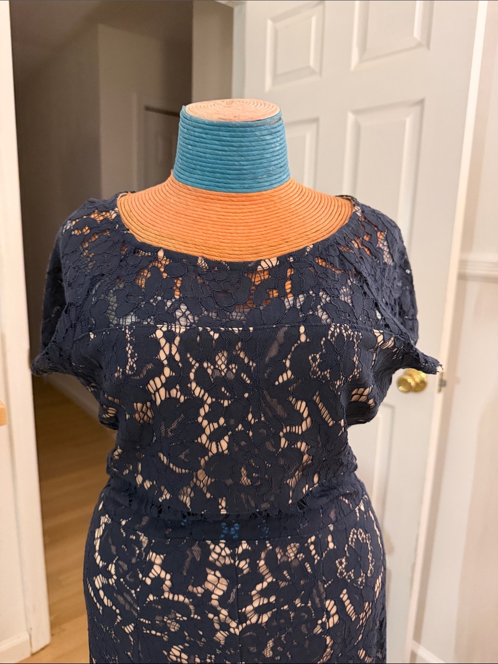 Soieblu Navy Lace Midi Dress with Sheer Floral Overlay